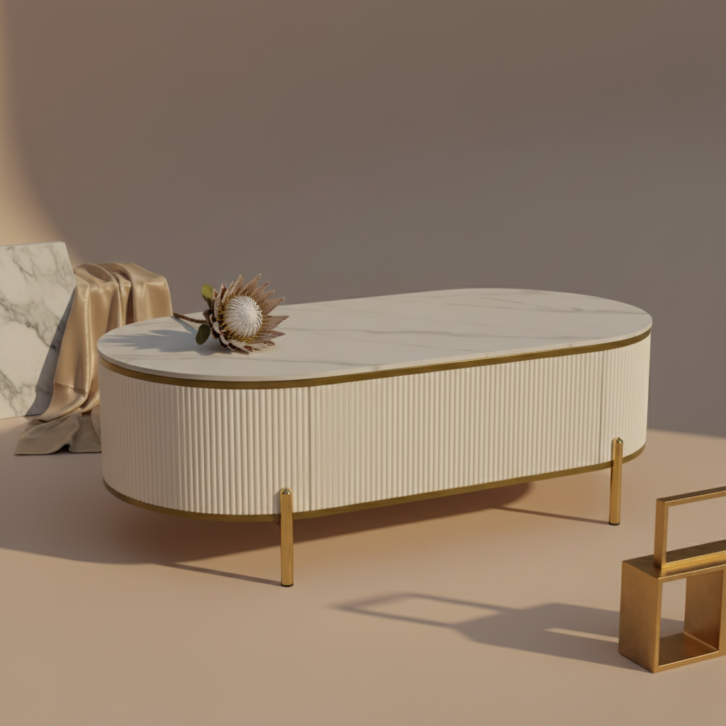 Modern White Faux-Marble Oval Coffee Table with Gold Fluted Siding"⁸